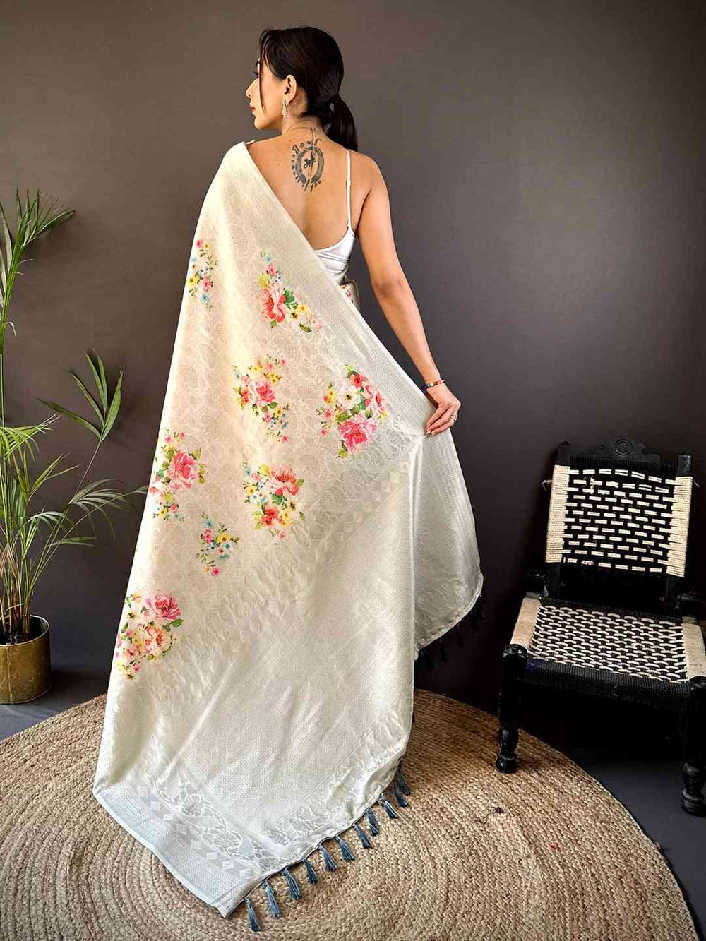 Pastel Ivory Soft Silk Saree with Floral Digital Print & Self Zari Weaving