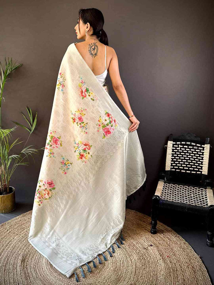 Pastel Ivory Soft Silk Saree with Floral Digital Print & Self Zari Weaving