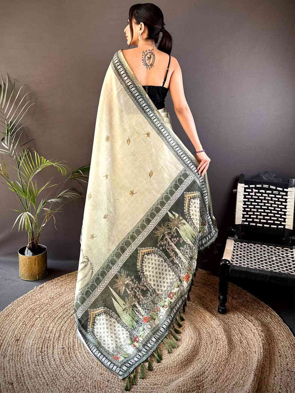 Ivory Soft Silk Saree with Mughal Art Print & Green Contrast Border