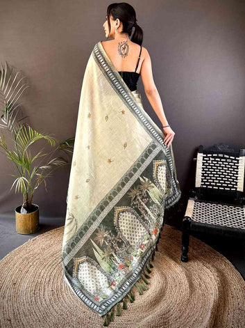 Ivory Soft Silk Saree with Mughal Art Print & Green Contrast Border