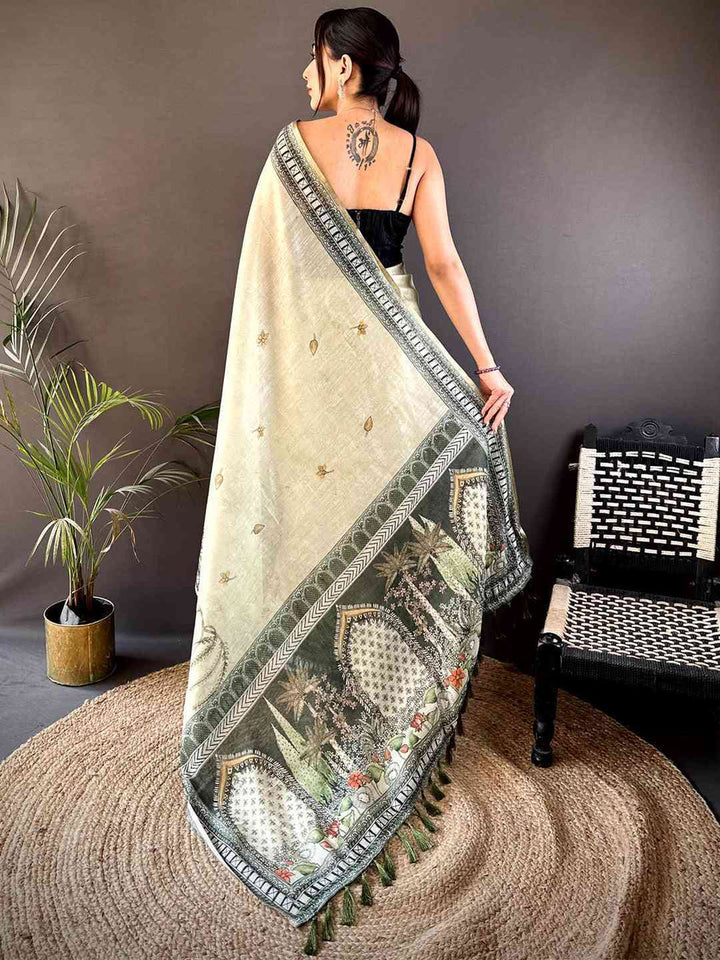 Ivory Soft Silk Saree with Mughal Art Print & Green Contrast Border