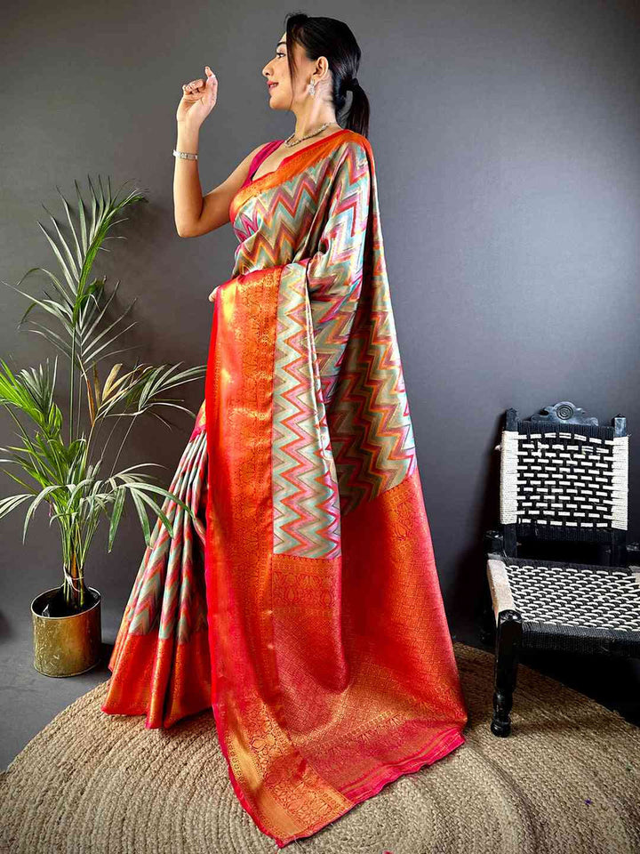 Orange & Pink Banarasi Soft Silk Saree with Floral Zari Weaving and Rich Contrast Border