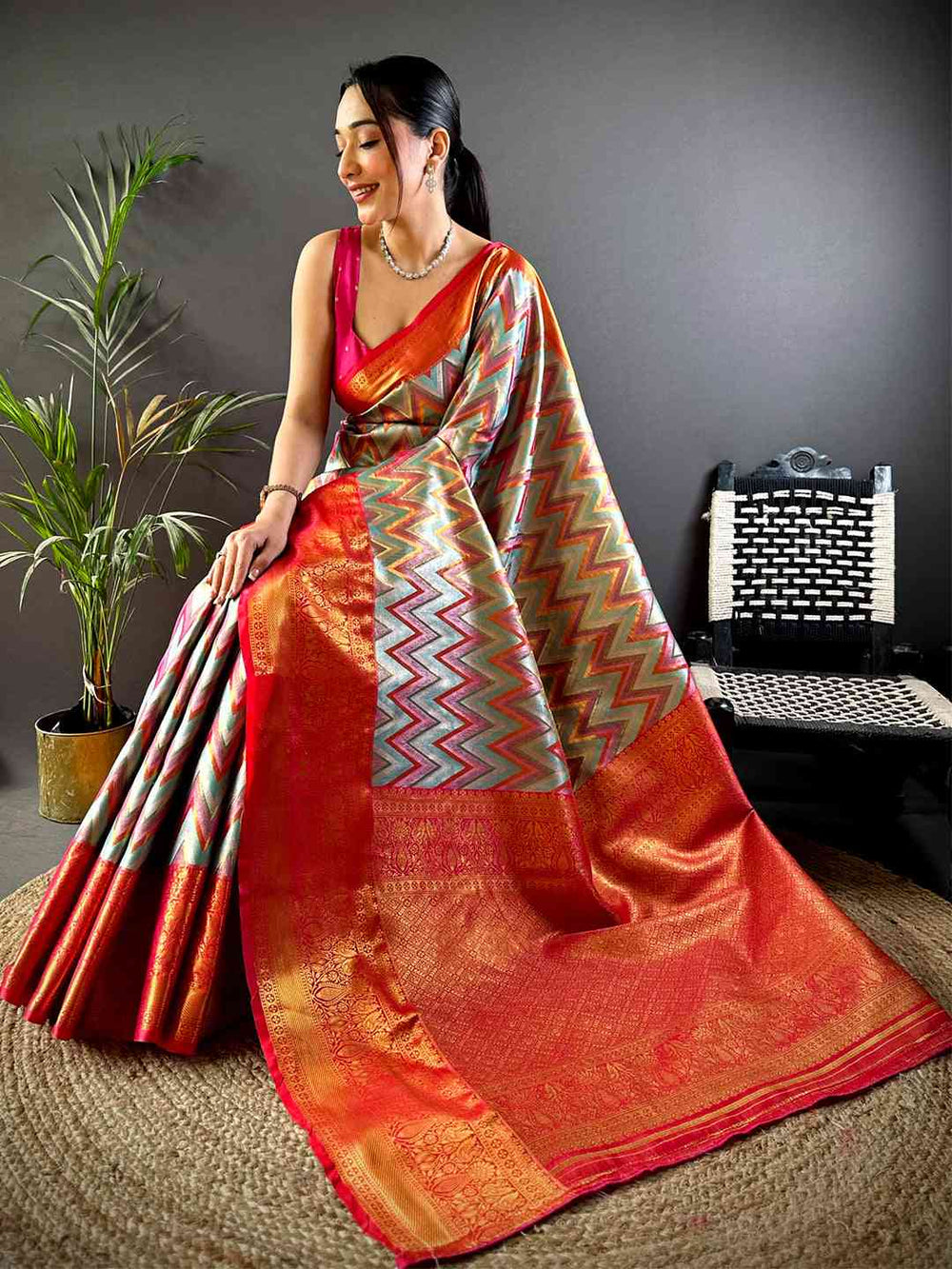 Orange & Pink Banarasi Soft Silk Saree with Floral Zari Weaving and Rich Contrast Border