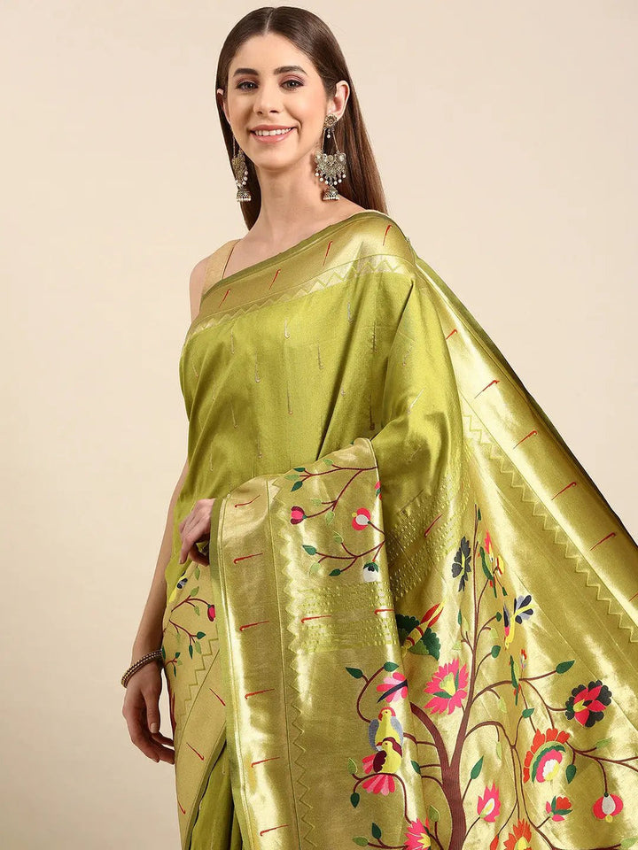 Olive Green Kanjivaram Silk Saree with Gold Zari Border & Multicolor Floral Weaving
