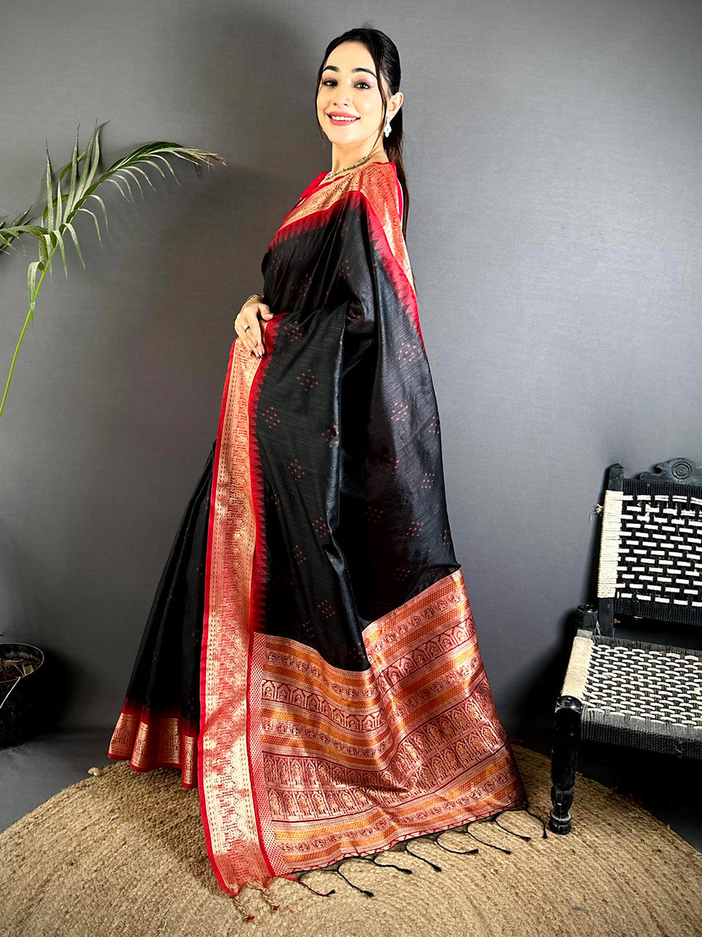 Black & Red Banarasi Silk Saree with Rich Golden Zari Border and Traditional Woven Pallu