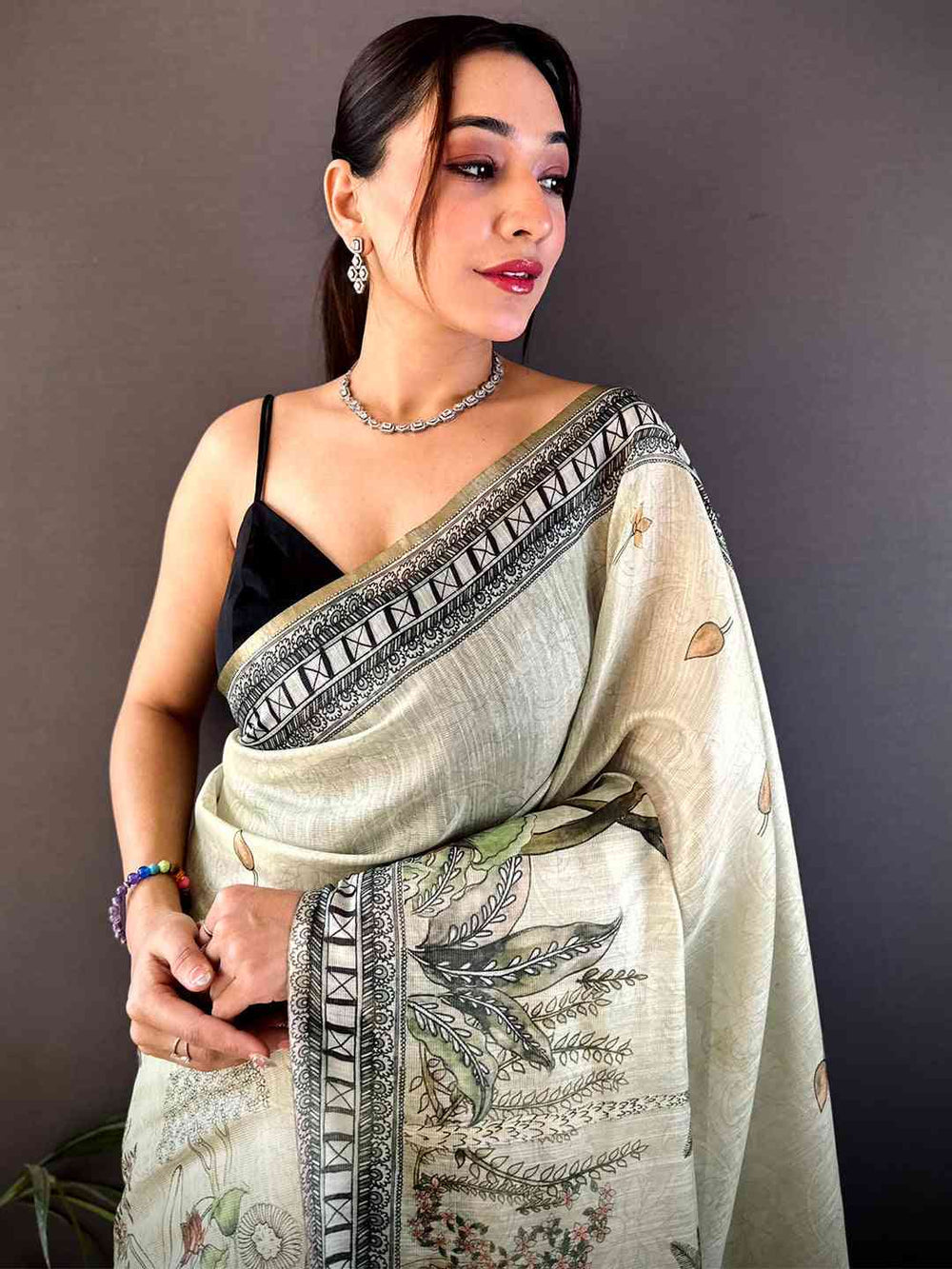 Ivory Soft Silk Saree with Mughal Art Print & Green Contrast Border