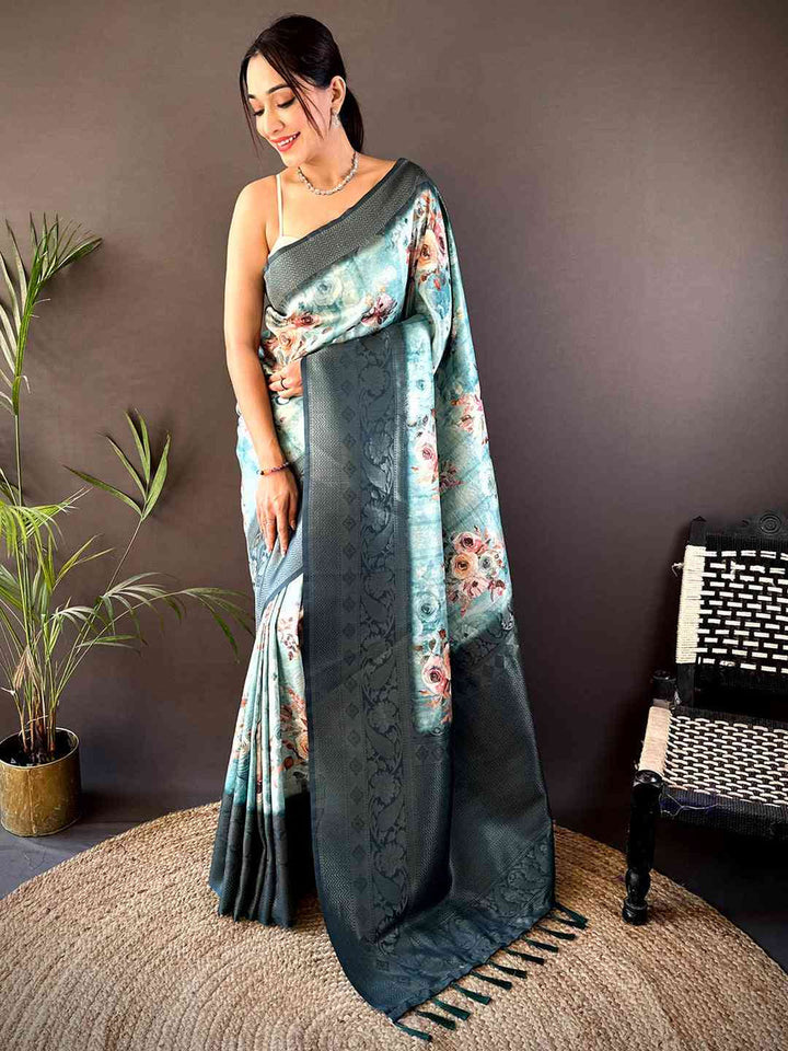 Teal Blue Soft Silk Saree with Floral Digital Print & Rich Jacquard Border