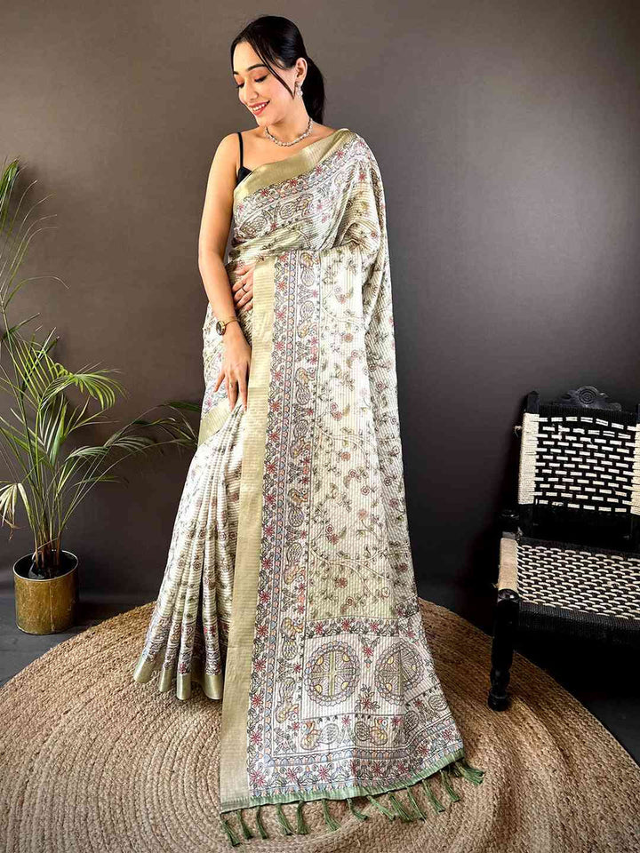 Ivory & Olive Soft Silk Saree with Intricate Floral Print & Traditional Border