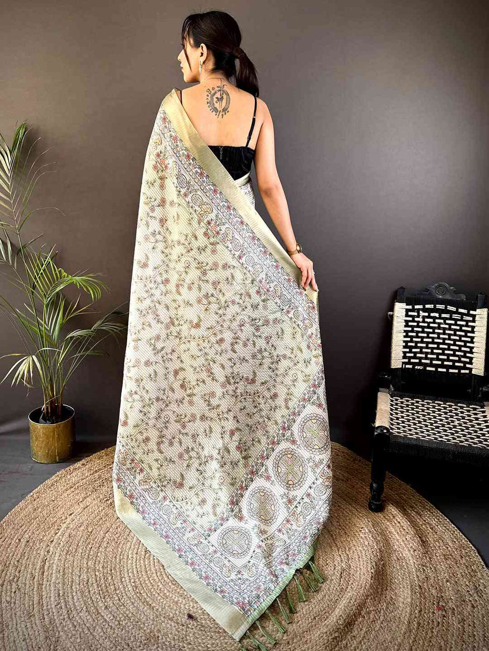 Ivory & Olive Soft Silk Saree with Intricate Floral Print & Traditional Border