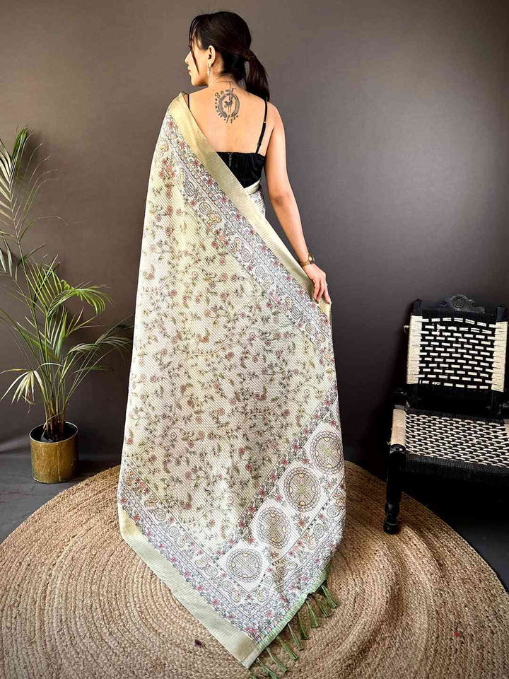 Ivory & Olive Soft Silk Saree with Intricate Floral Print & Traditional Border