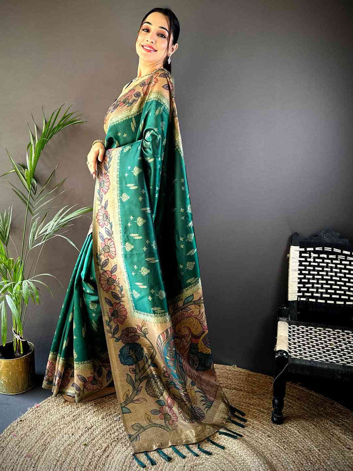 Green Floral Kalamkari Print Soft Silk Saree with Gold Zari Border