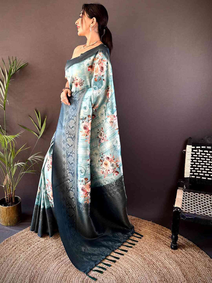 Teal Blue Soft Silk Saree with Floral Digital Print & Rich Jacquard Border