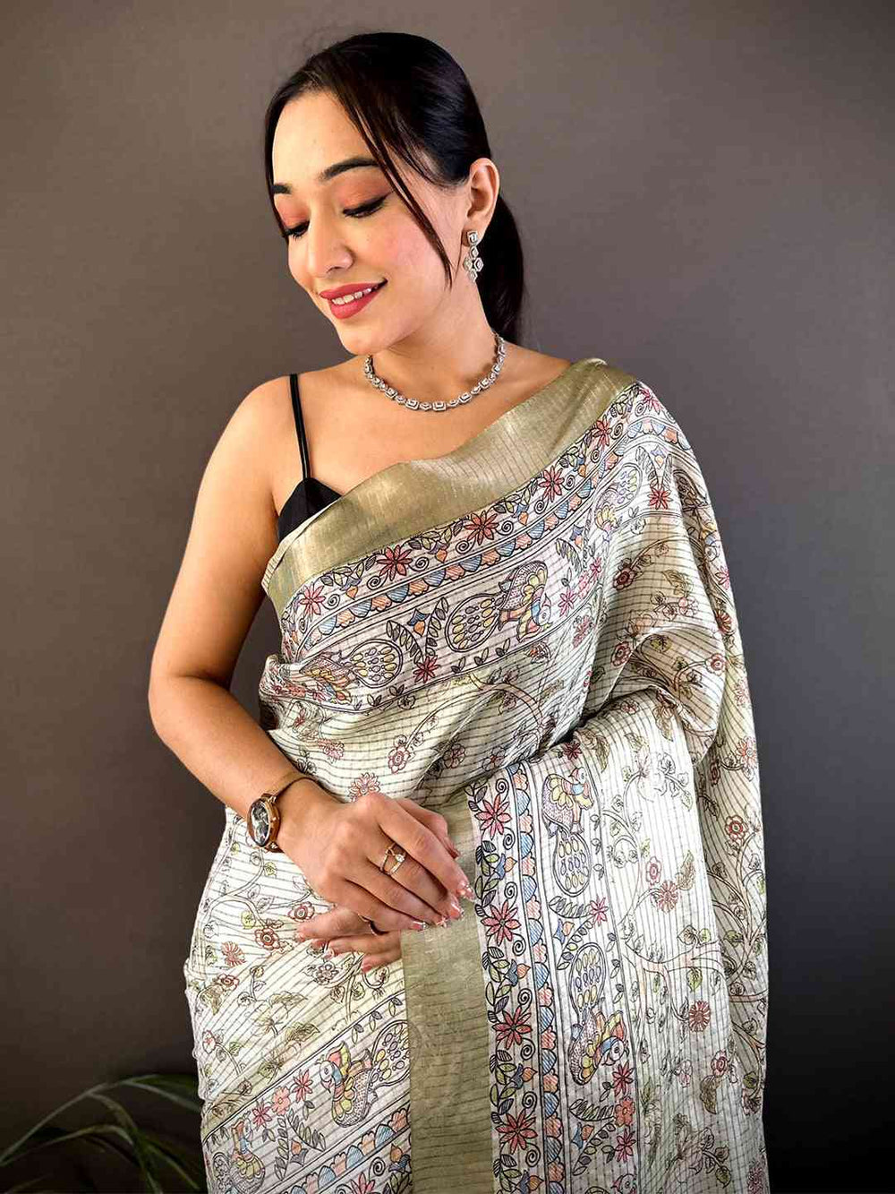 Ivory & Olive Soft Silk Saree with Intricate Floral Print & Traditional Border