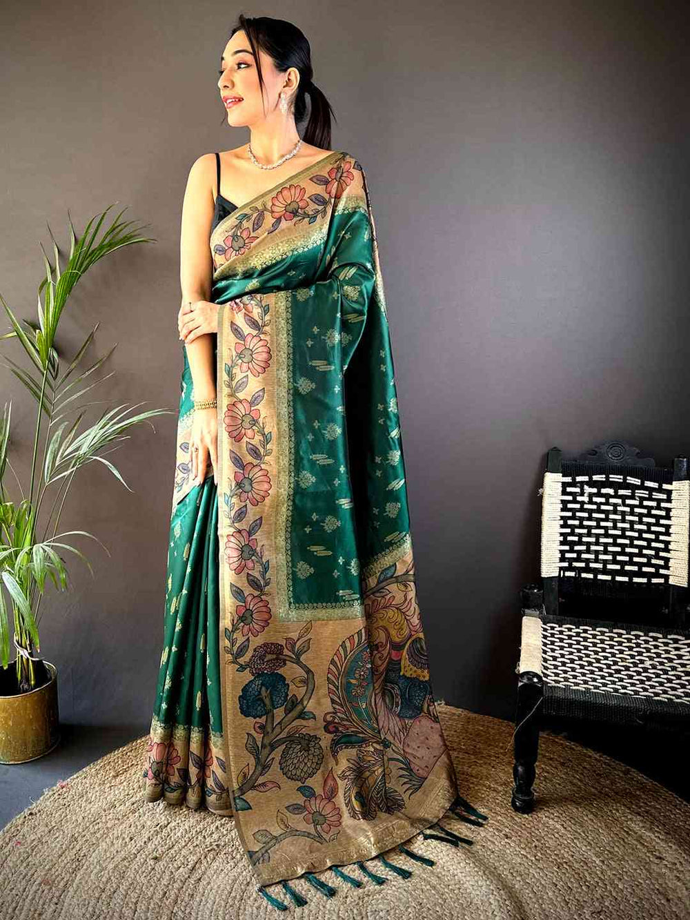 Green Floral Kalamkari Print Soft Silk Saree with Gold Zari Border
