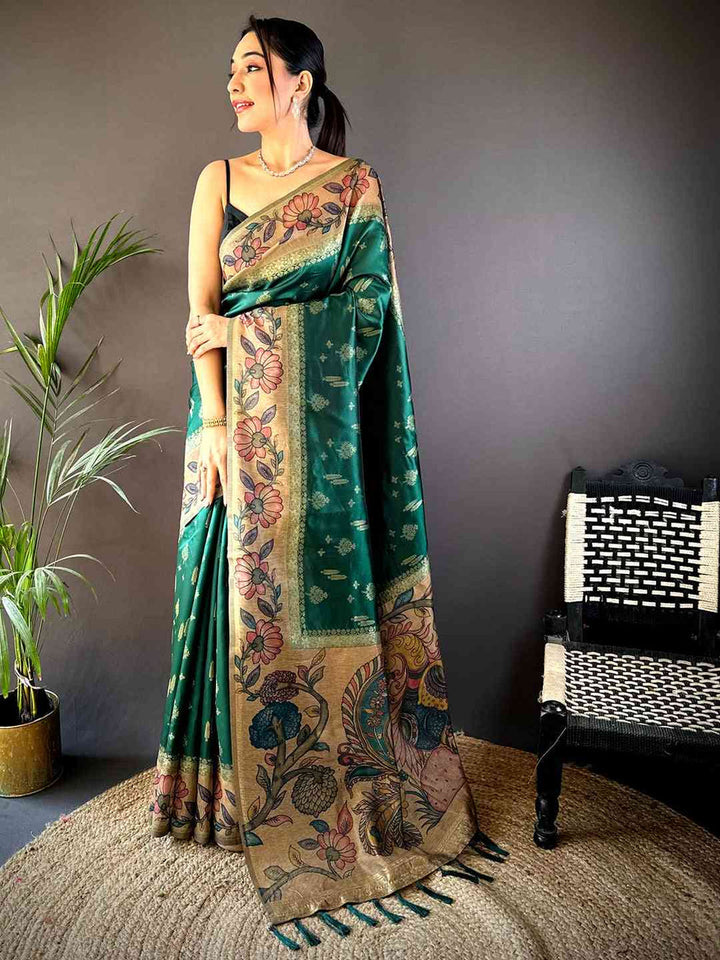 Green Floral Kalamkari Print Soft Silk Saree with Gold Zari Border