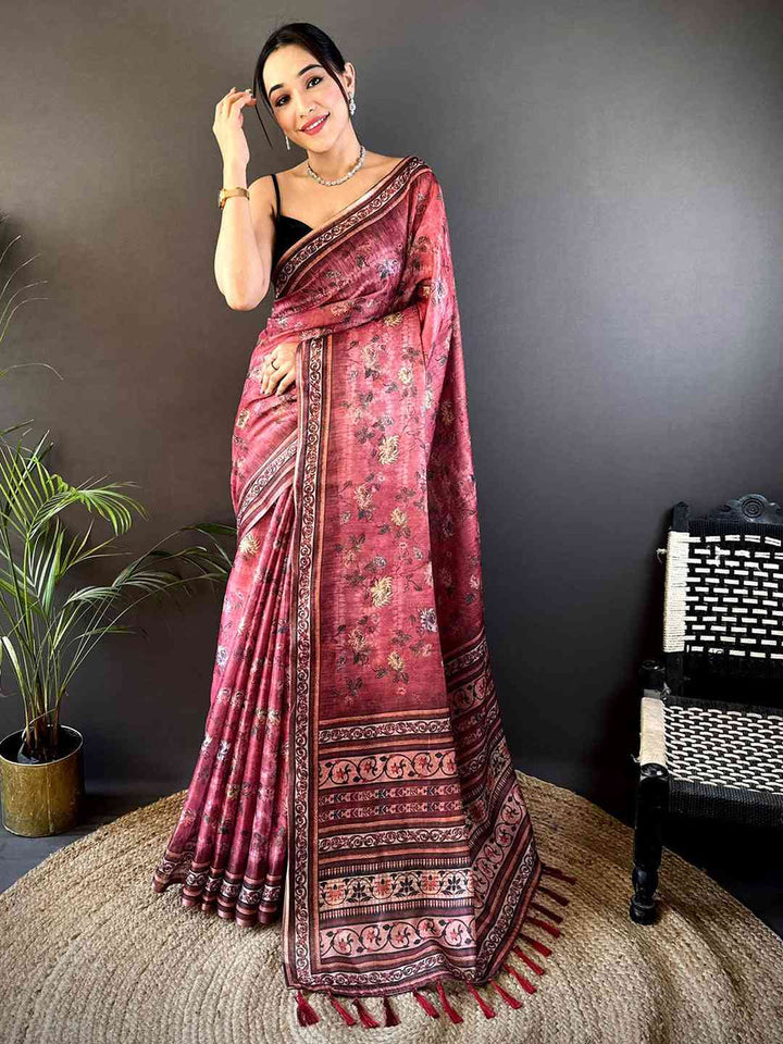 Wine Red Soft Silk Saree with Floral Digital Print & Traditional Woven Border