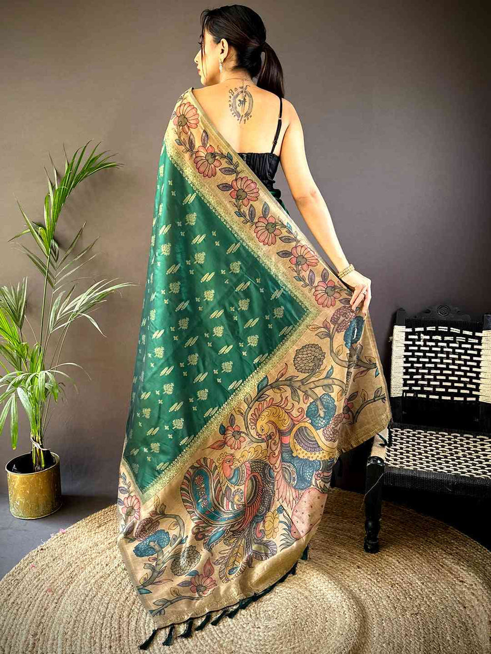 Green Floral Kalamkari Print Soft Silk Saree with Gold Zari Border