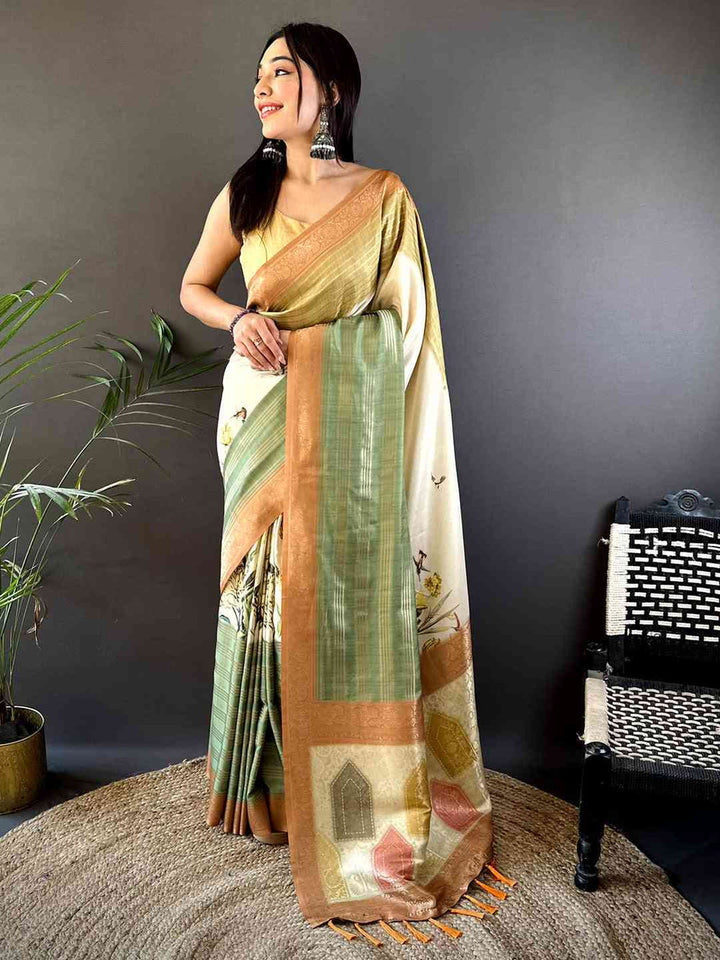 Cream & Sage Green Soft Silk Saree with Botanical Digital Print & Golden Zari Border