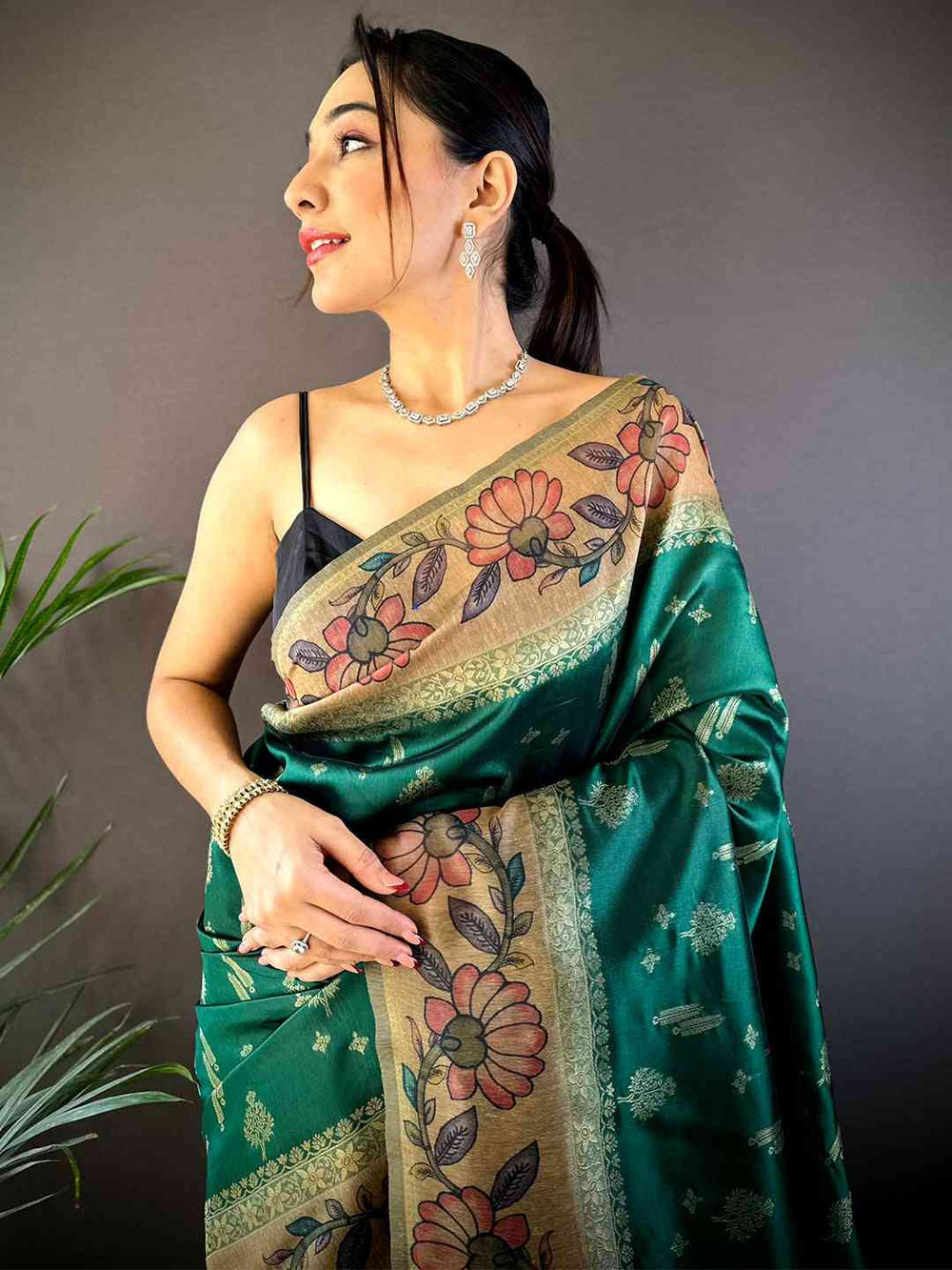 Green Floral Kalamkari Print Soft Silk Saree with Gold Zari Border