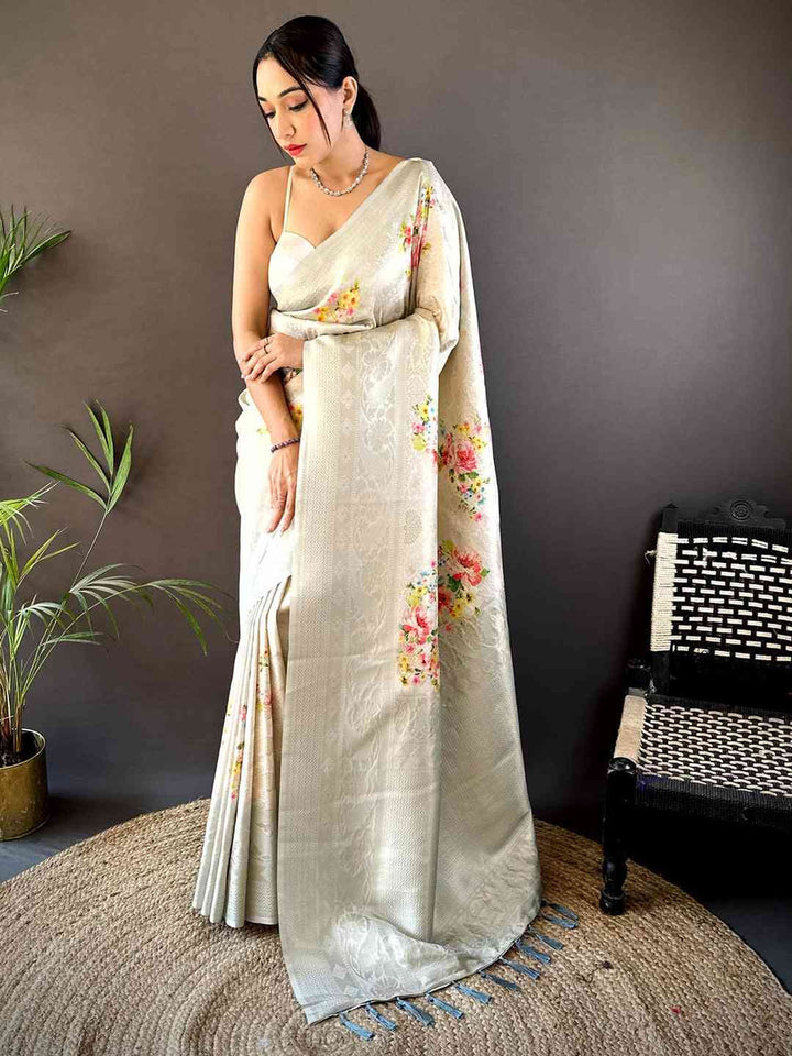 Pastel Ivory Soft Silk Saree with Floral Digital Print & Self Zari Weaving