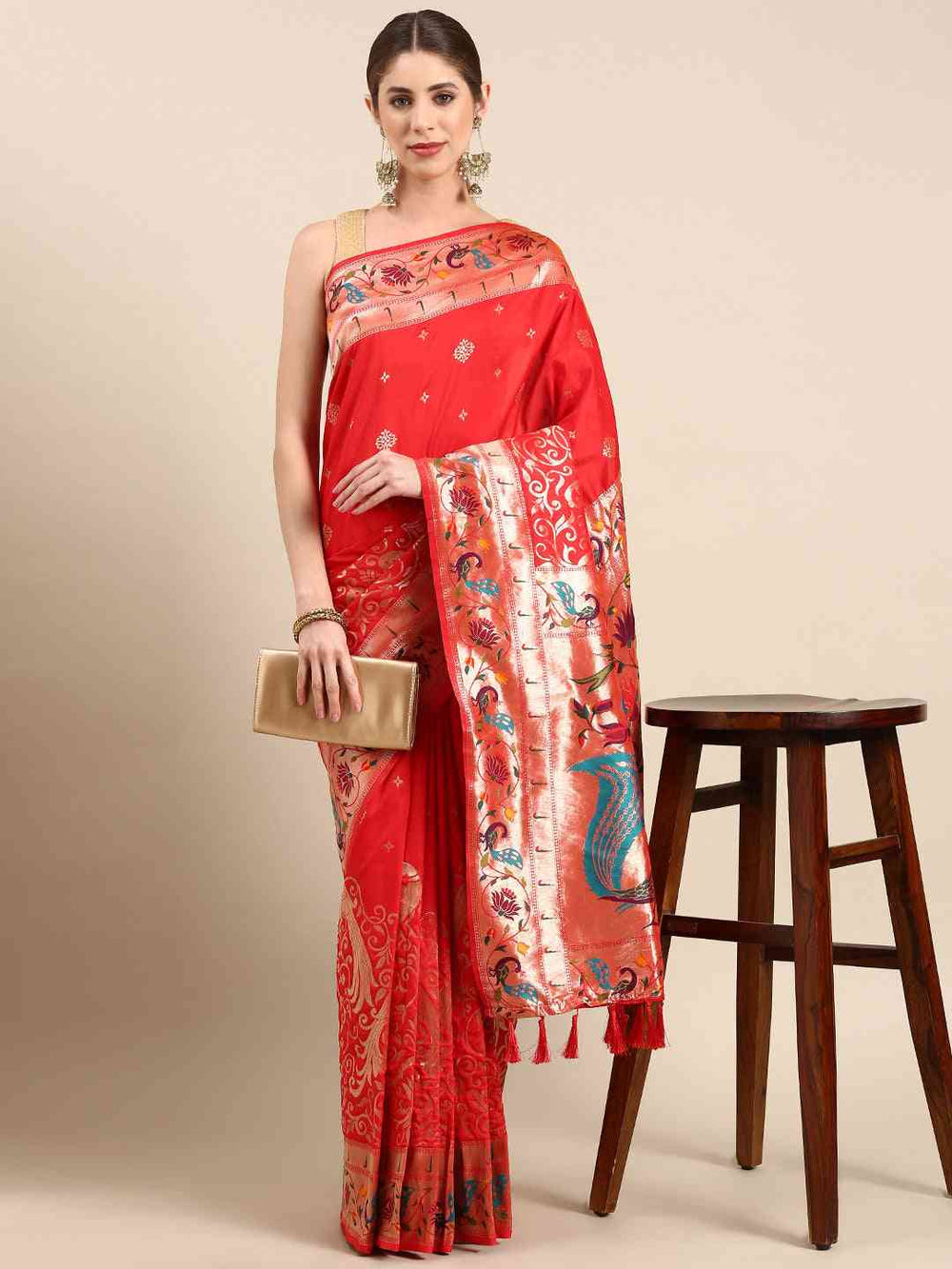 Red Kanjivaram Silk Saree with Peacock Meenakari Weaving & Gold Zari Border