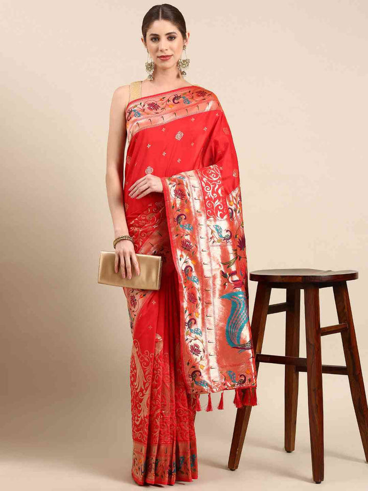 Red Kanjivaram Silk Saree with Peacock Meenakari Weaving & Gold Zari Border