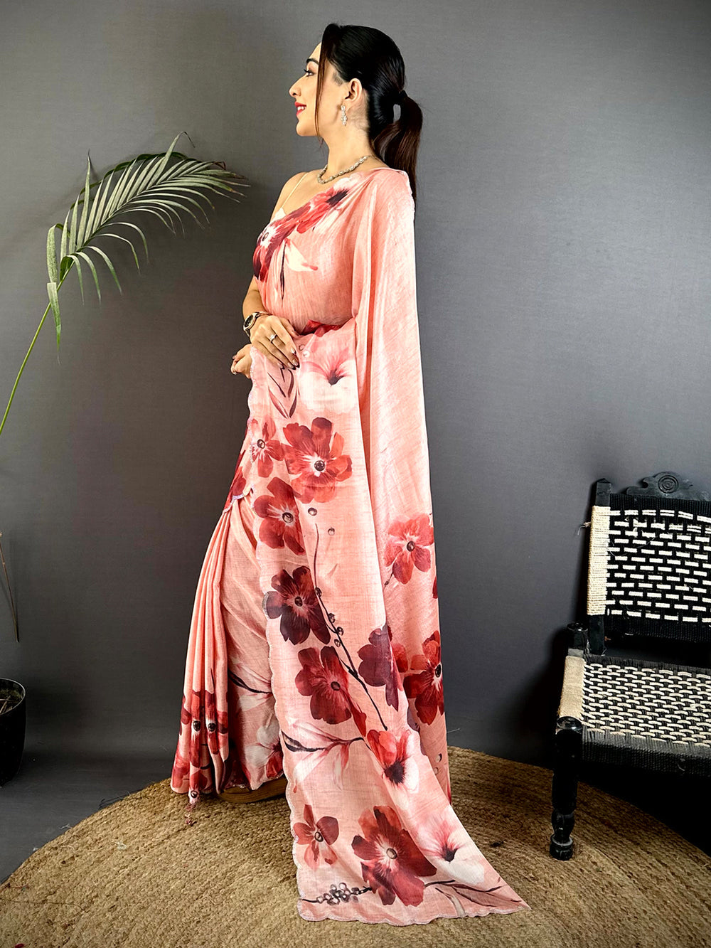 Peach Floral Printed Soft Silk Saree with Watercolor Flowers & Elegant Lightweight Drape