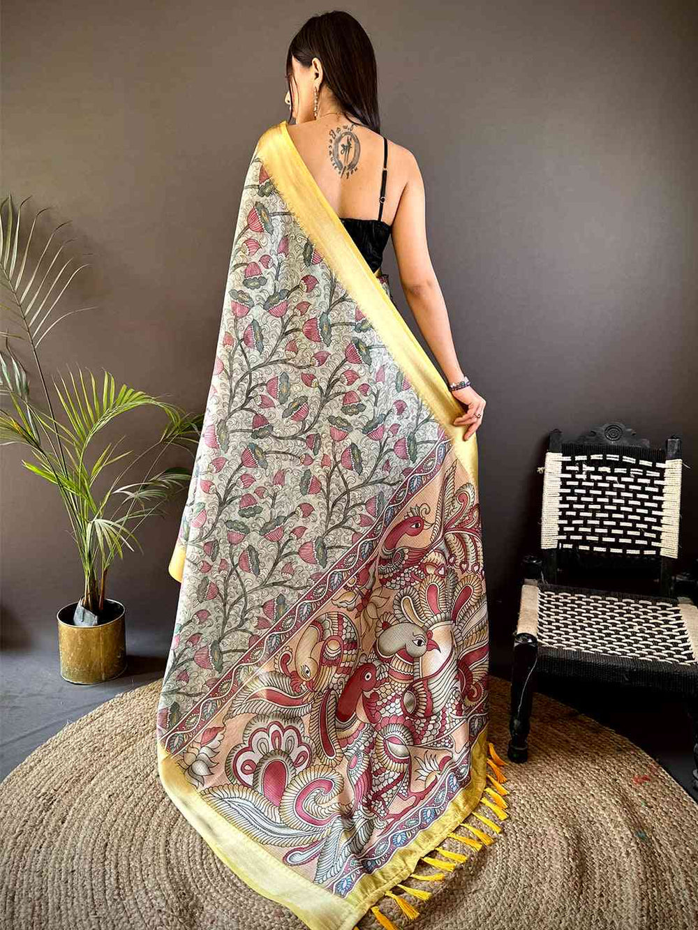 Grey & Yellow Madhubani Soft Silk Saree with Traditional Folk Print & Tassel Pallu