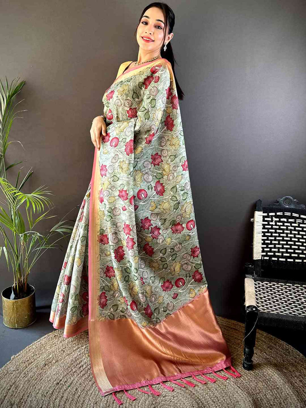 Pastel Green Floral Soft Silk Saree with Peach Zari Border