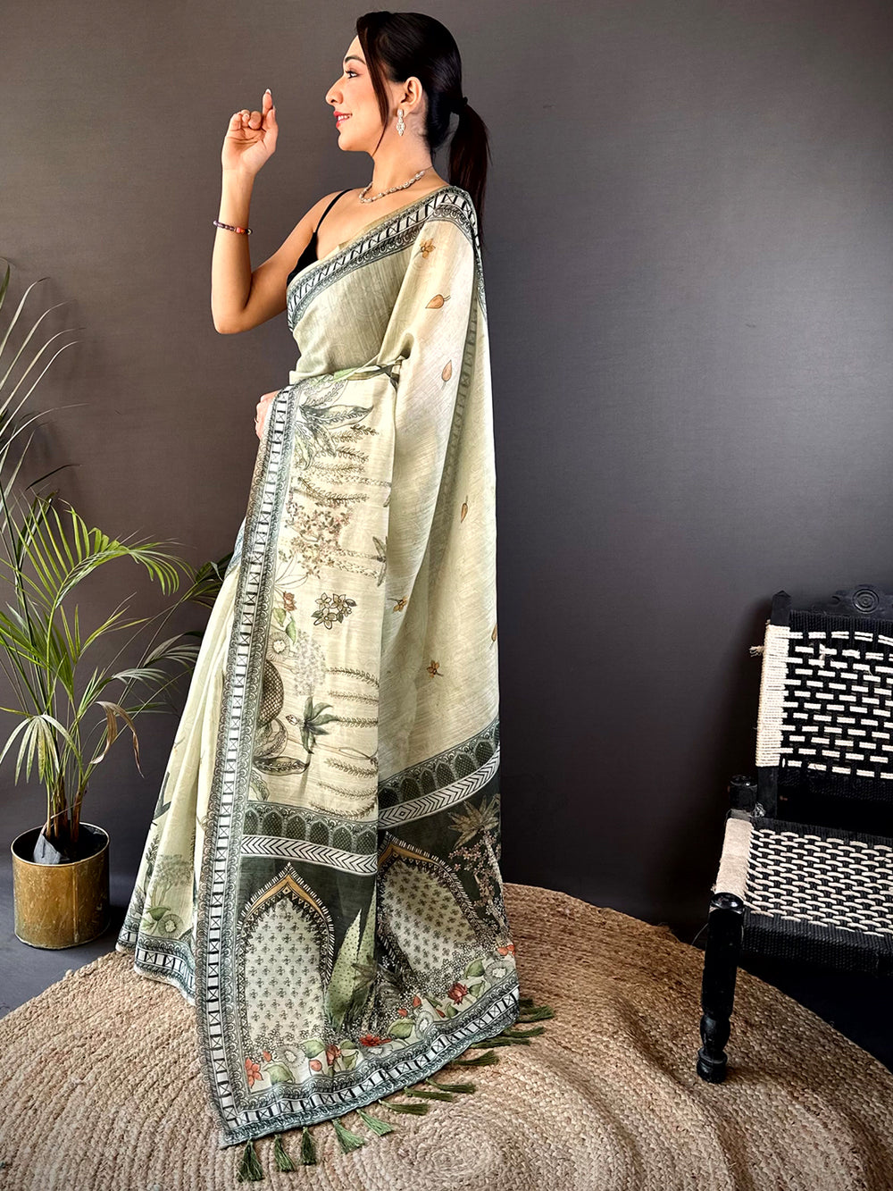 Ivory Soft Silk Saree with Mughal Art Print & Green Contrast Border