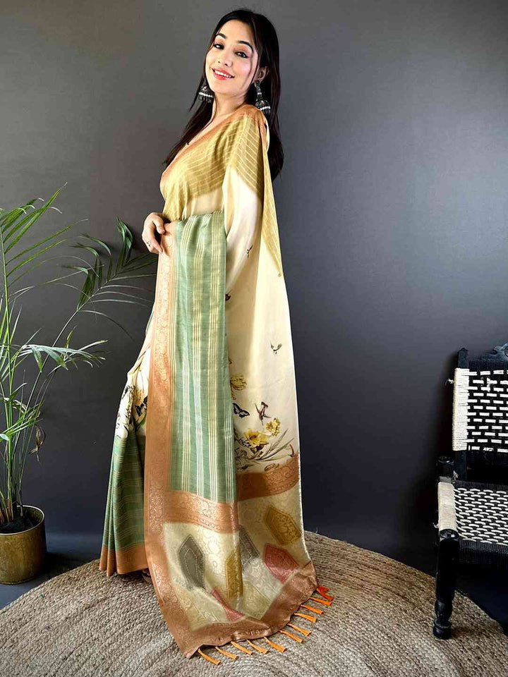 Cream & Sage Green Soft Silk Saree with Botanical Digital Print & Golden Zari Border