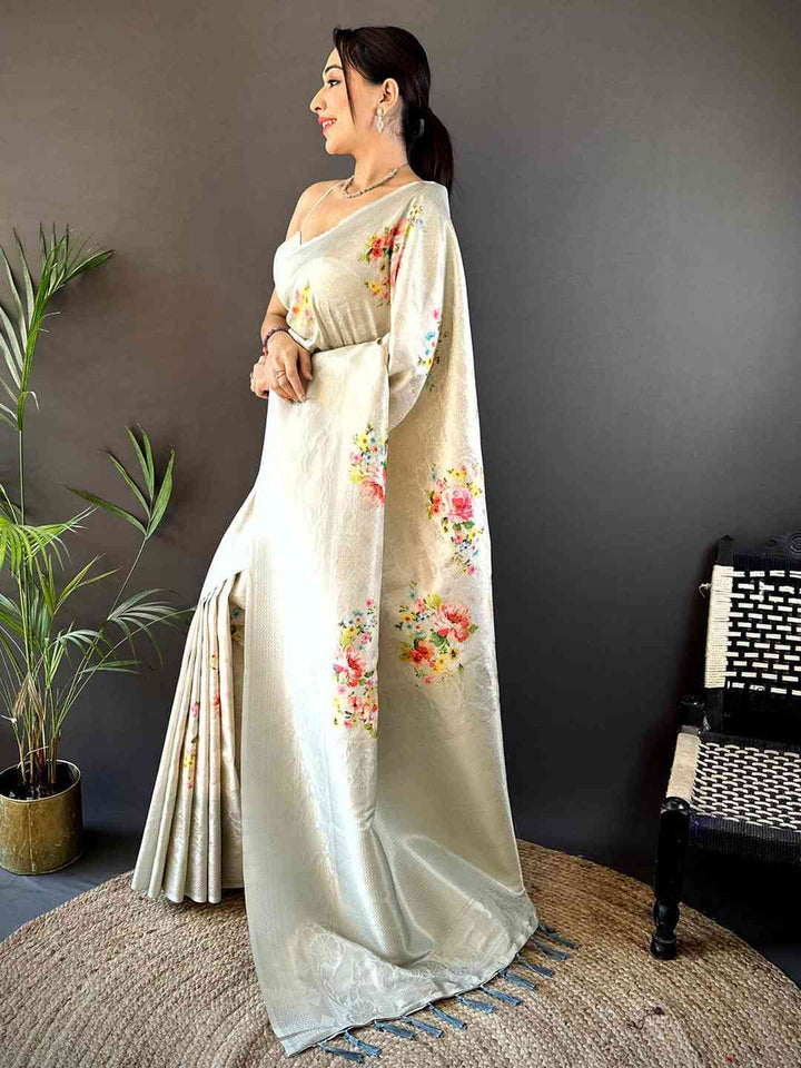Pastel Ivory Soft Silk Saree with Floral Digital Print & Self Zari Weaving