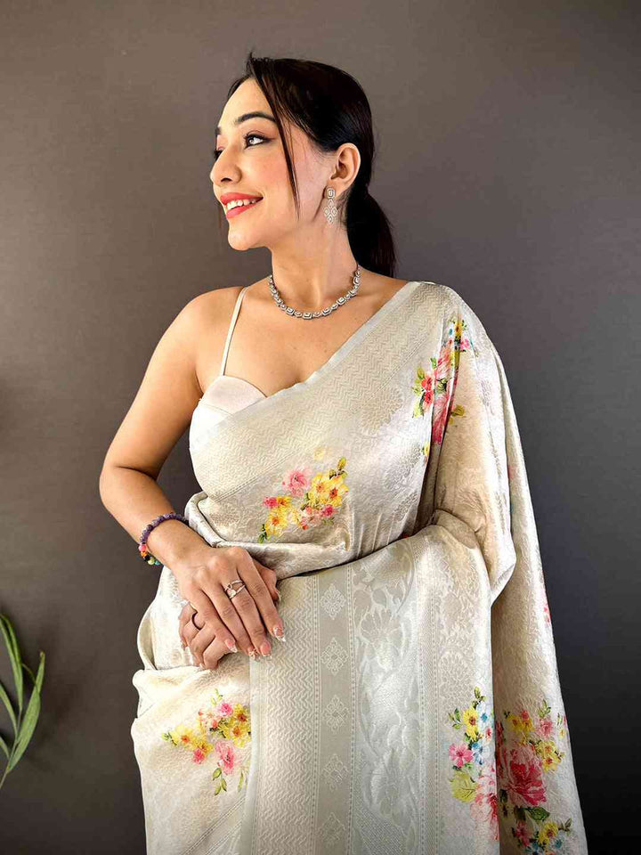 Pastel Ivory Soft Silk Saree with Floral Digital Print & Self Zari Weaving