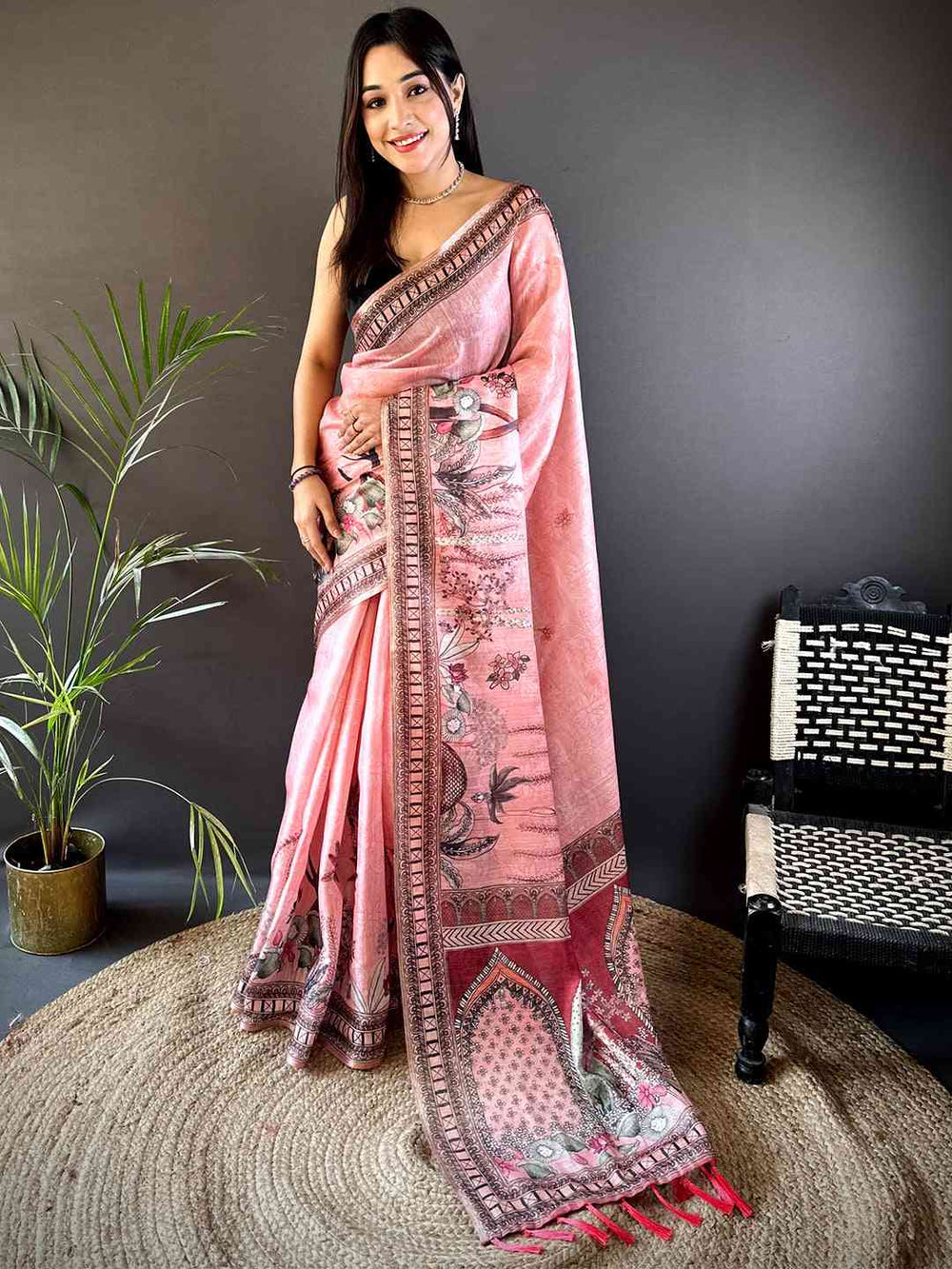 Pink Printed Soft Silk Saree with Intricate Border & Tassels