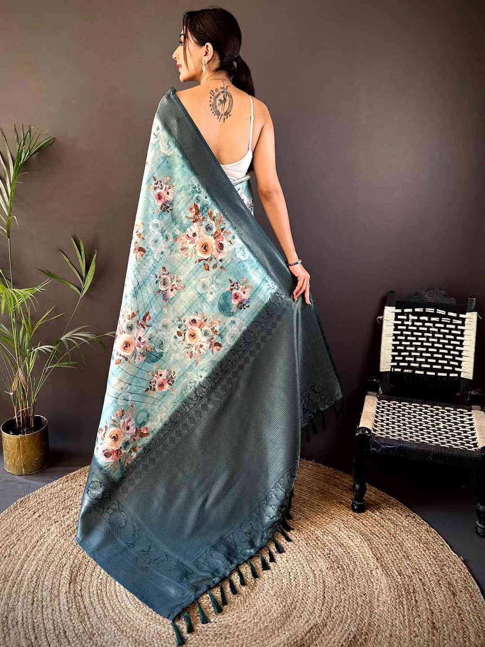 Teal Blue Soft Silk Saree with Floral Digital Print & Rich Jacquard Border