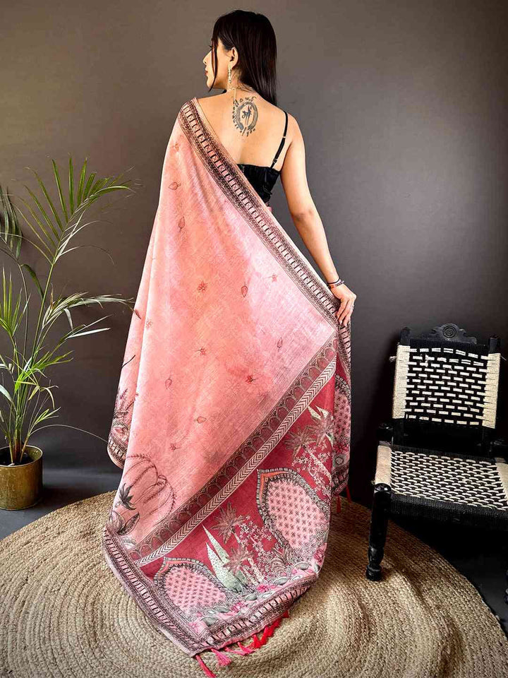 Pink Printed Soft Silk Saree with Intricate Border & Tassels
