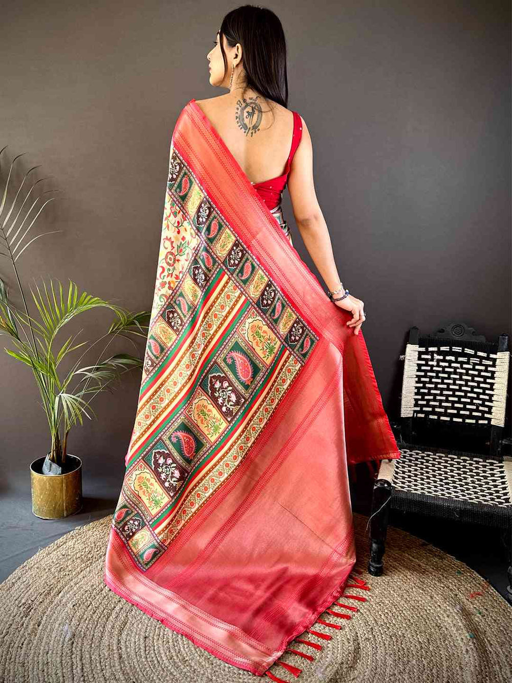 Cream Multicolor Patola Soft Silk Saree with Red Zari Border & Traditional Motif Pallu