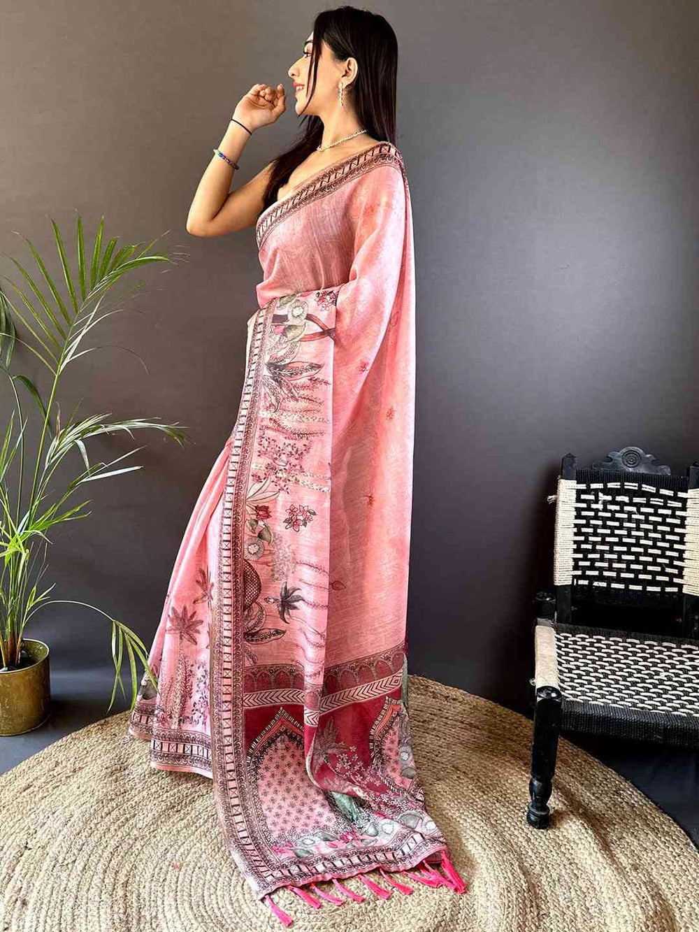 Pink Printed Soft Silk Saree with Intricate Border & Tassels