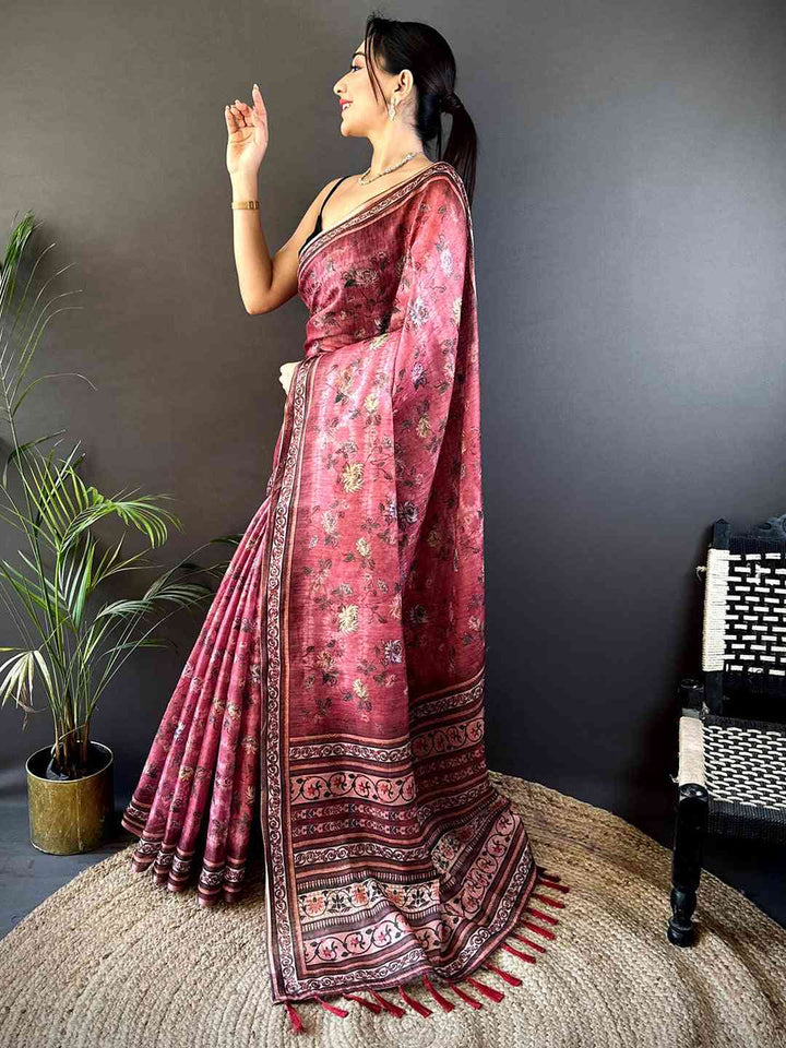 Wine Red Soft Silk Saree with Floral Digital Print & Traditional Woven Border