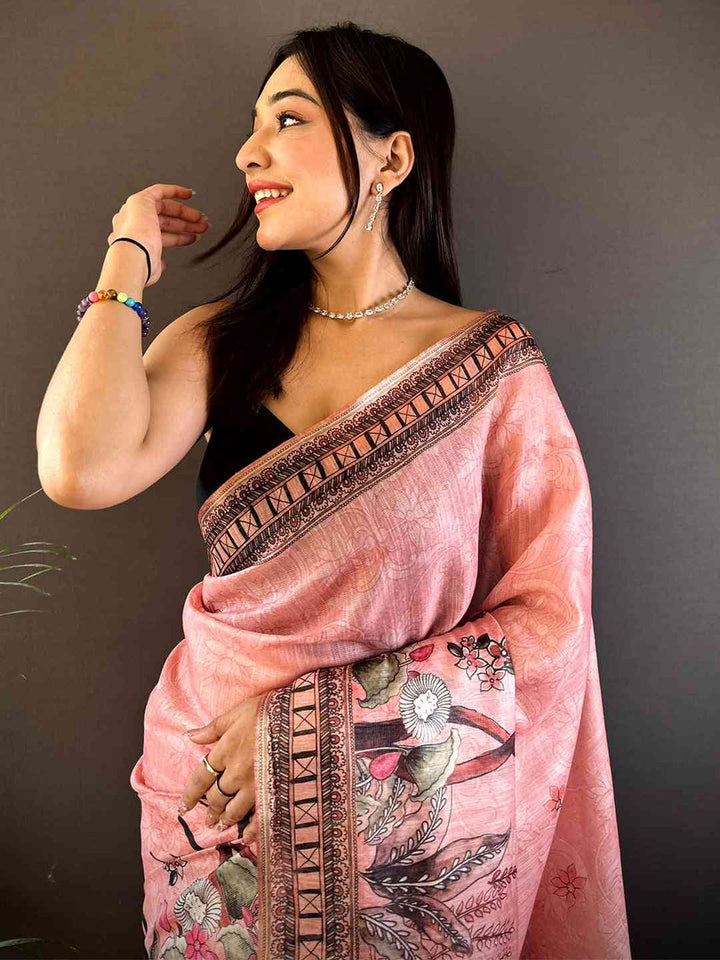 Pink Printed Soft Silk Saree with Intricate Border & Tassels