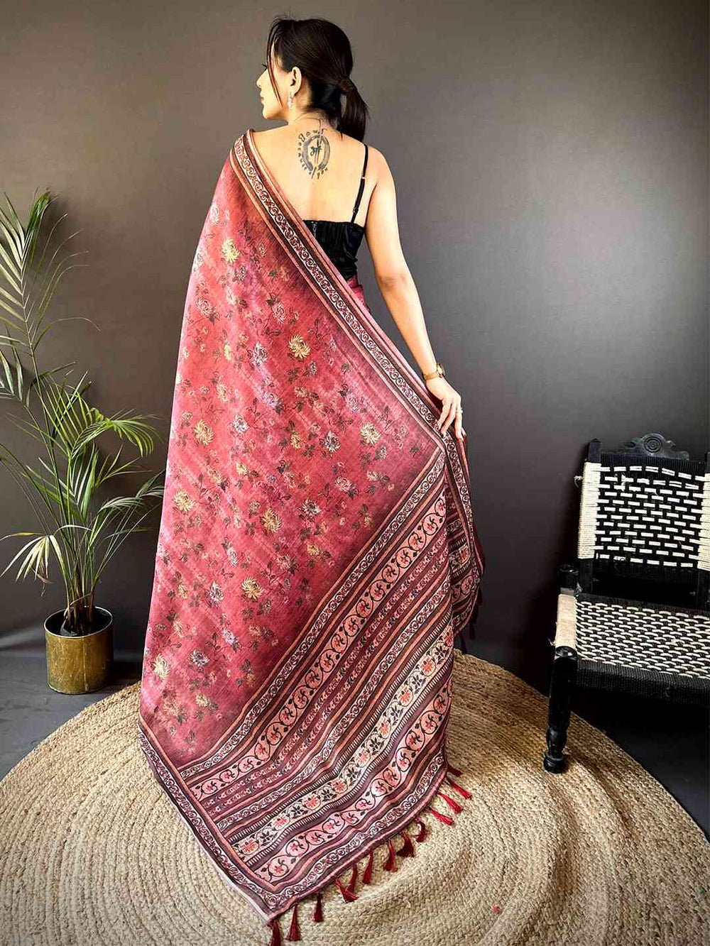 Wine Red Soft Silk Saree with Floral Digital Print & Traditional Woven Border