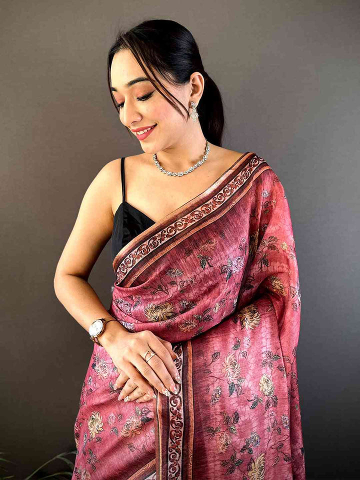 Wine Red Soft Silk Saree with Floral Digital Print & Traditional Woven Border