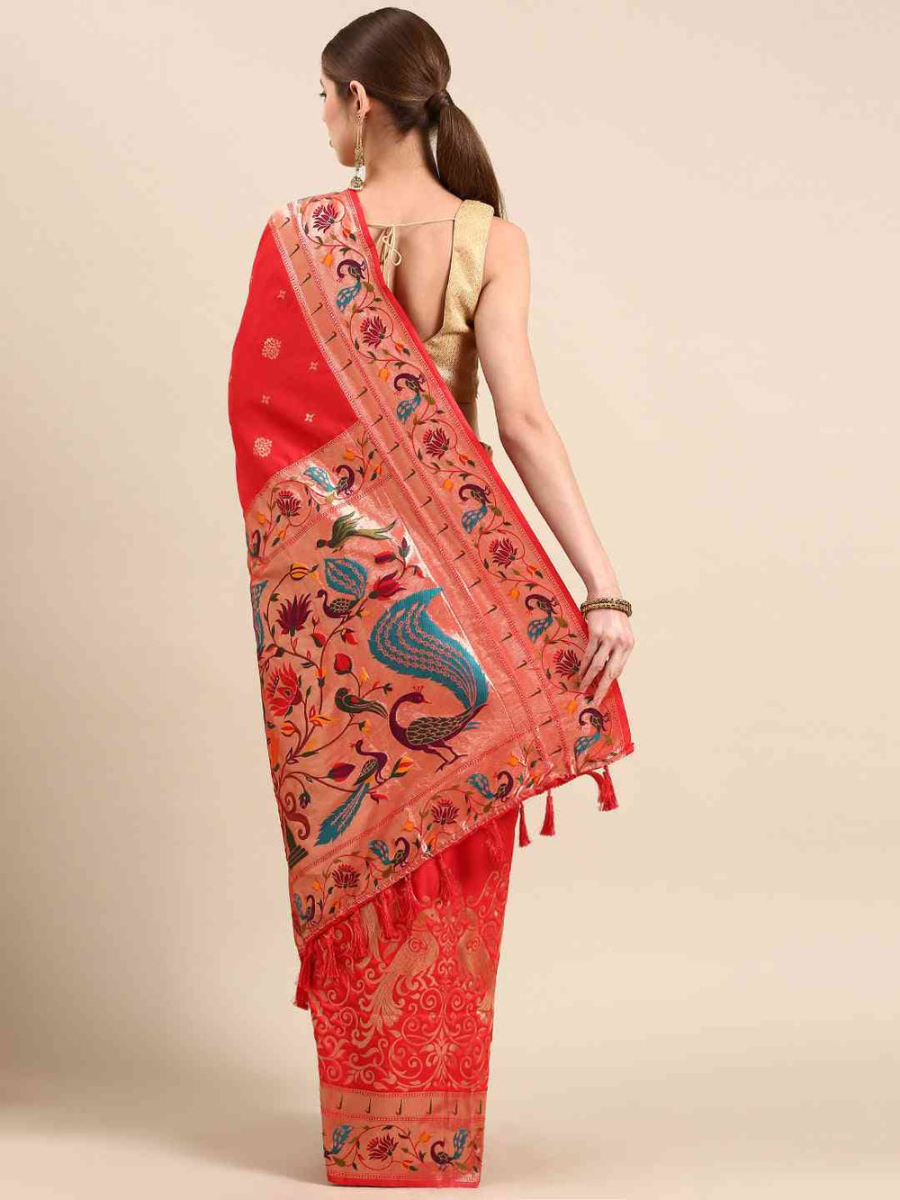 Red Kanjivaram Silk Saree with Peacock Meenakari Weaving & Gold Zari Border