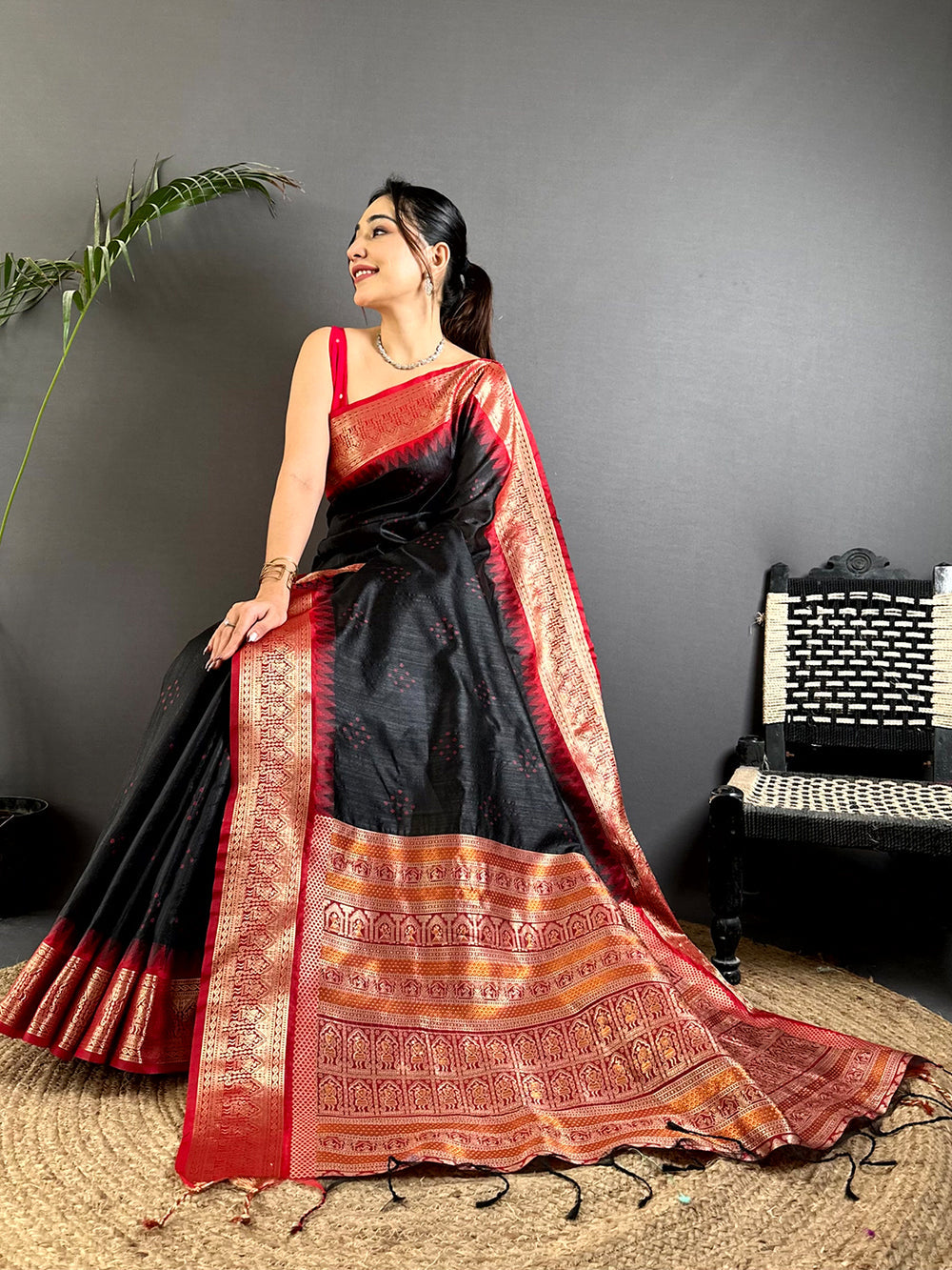 Black & Red Banarasi Silk Saree with Rich Golden Zari Border and Traditional Woven Pallu