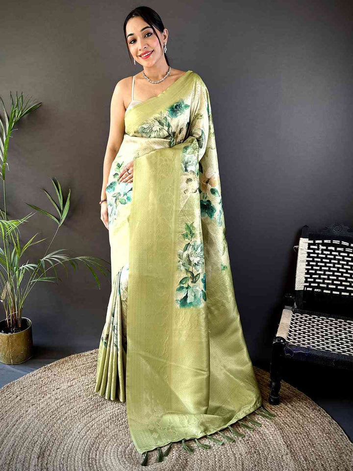 Pastel Green Floral Soft Silk Saree with Subtle Zari Border