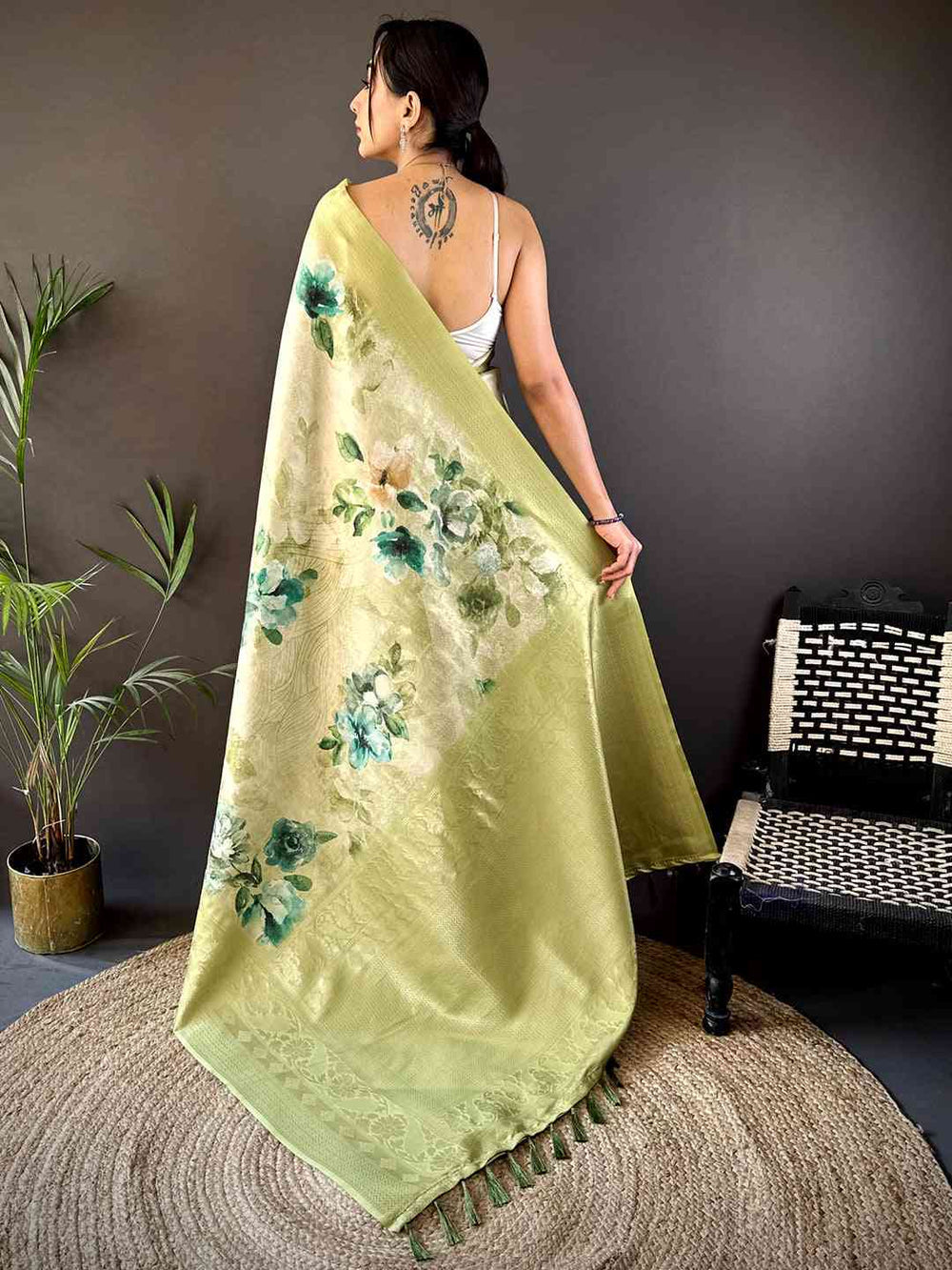Pastel Green Floral Soft Silk Saree with Subtle Zari Border