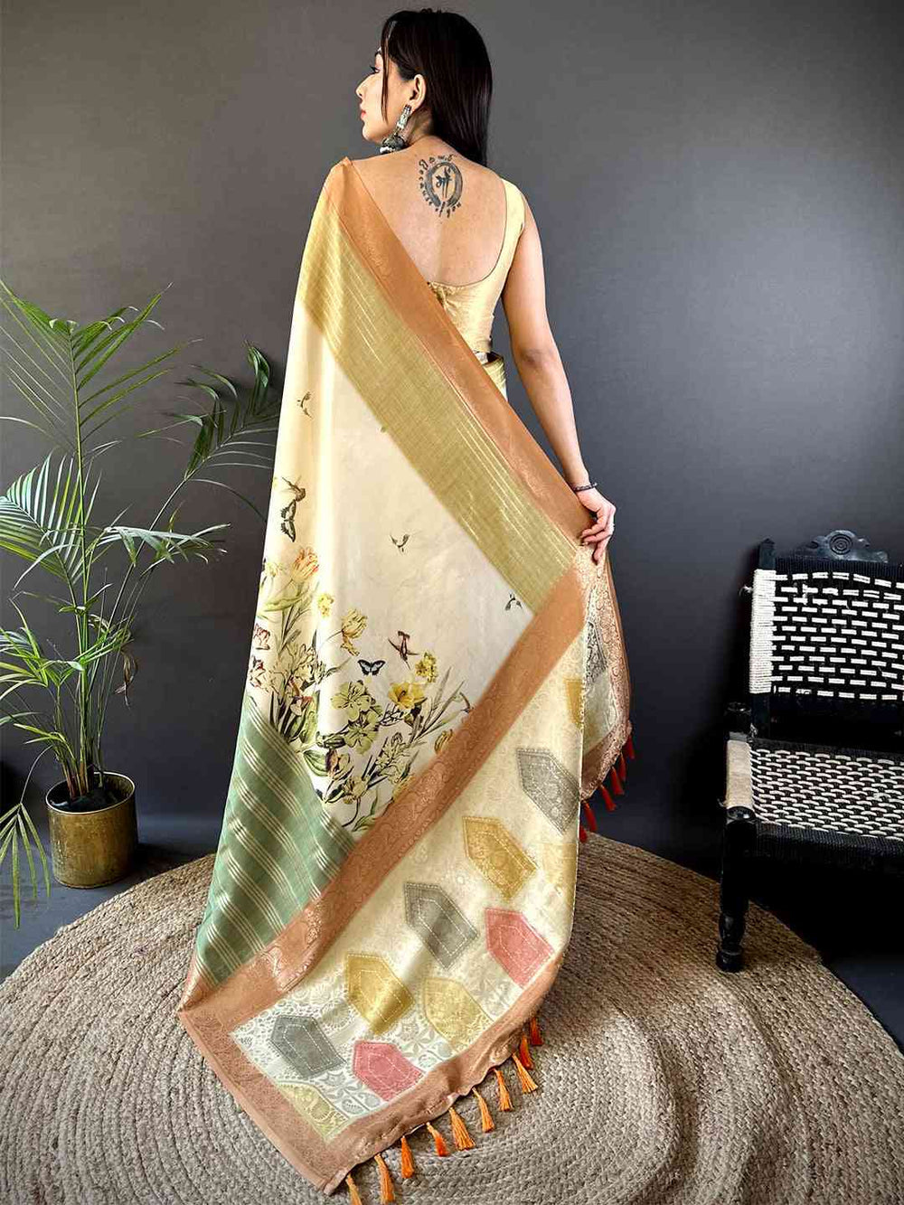 Cream & Sage Green Soft Silk Saree with Botanical Digital Print & Golden Zari Border