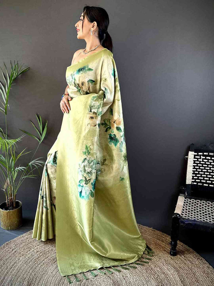 Pastel Green Floral Soft Silk Saree with Subtle Zari Border