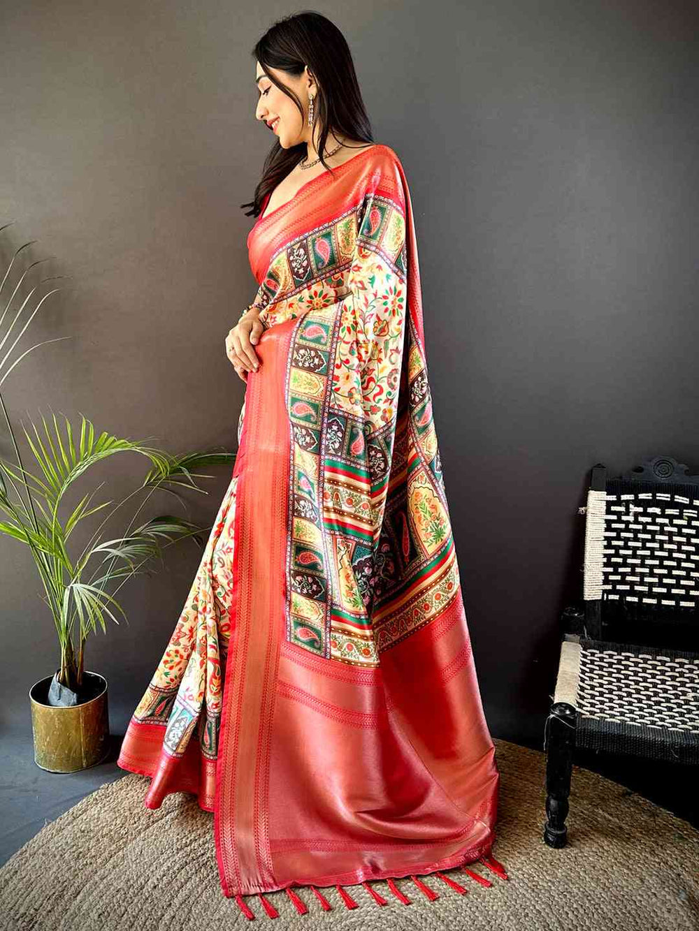 Cream Multicolor Patola Soft Silk Saree with Red Zari Border & Traditional Motif Pallu