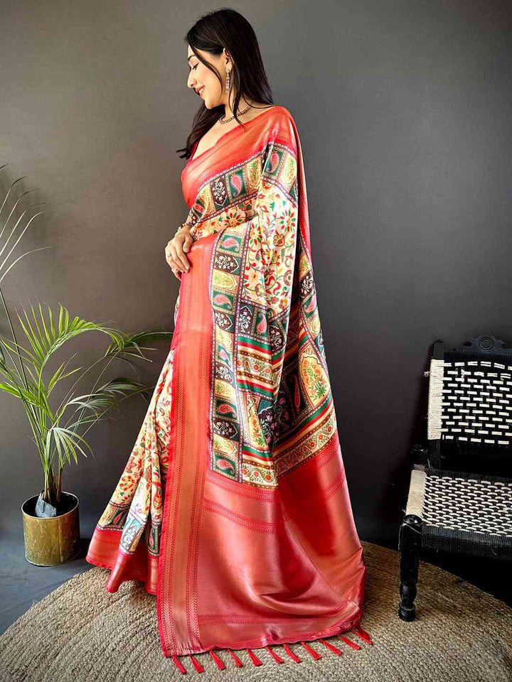 Cream Multicolor Patola Soft Silk Saree with Red Zari Border & Traditional Motif Pallu